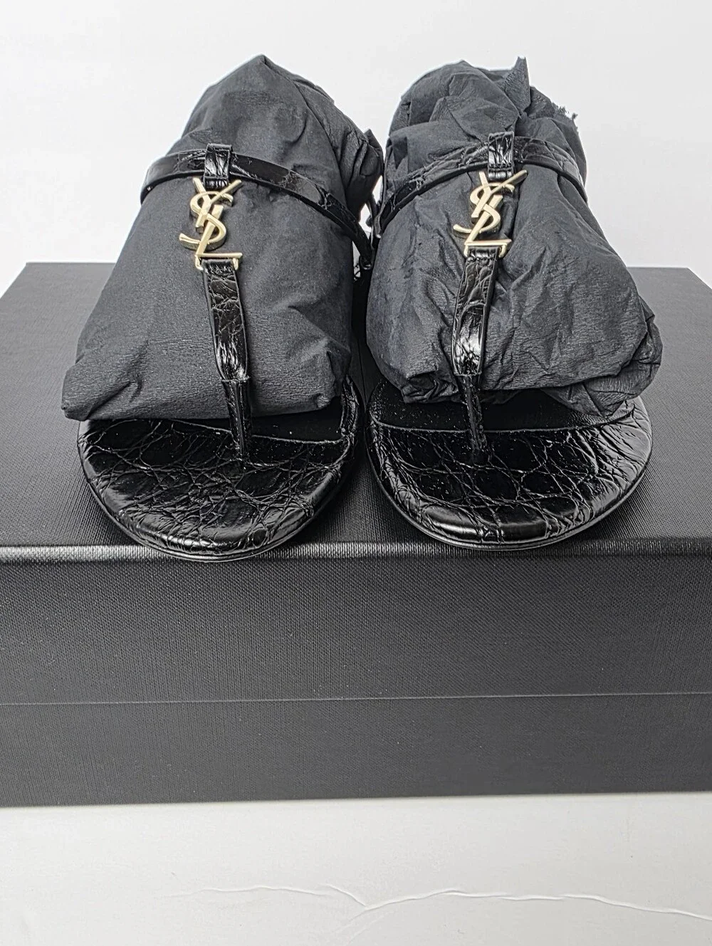 Saint Laurent Cassandra Embossed Croc Flat Sandals Black Size 6.5